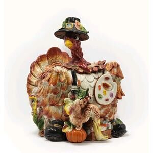Fitz and Floyd Paint Party Hedda Gobler Thanksgiving Turkey Cookie Jar Pilgrim